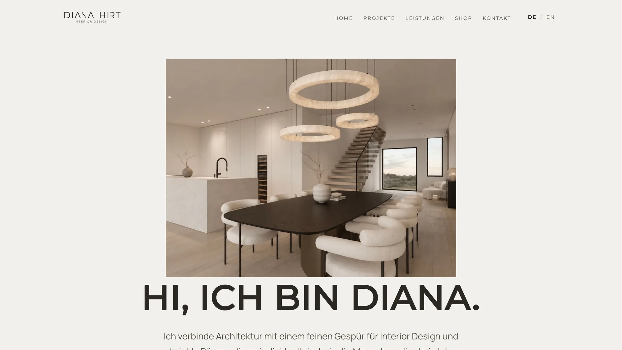 Startseite von Diana Hirt Interior Design mit einer Visualisierung von Küche und Essbereich